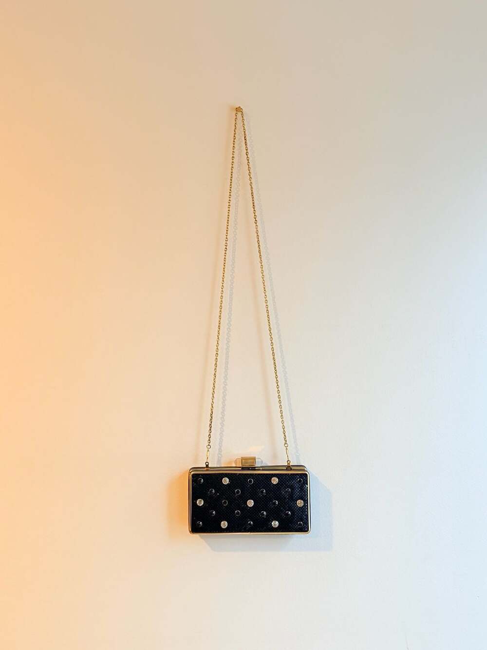 isti Whitiker Black Glitter Polka Dot Box Clutch with Gold Frame and Crystal Cla - Picture 2 of 6